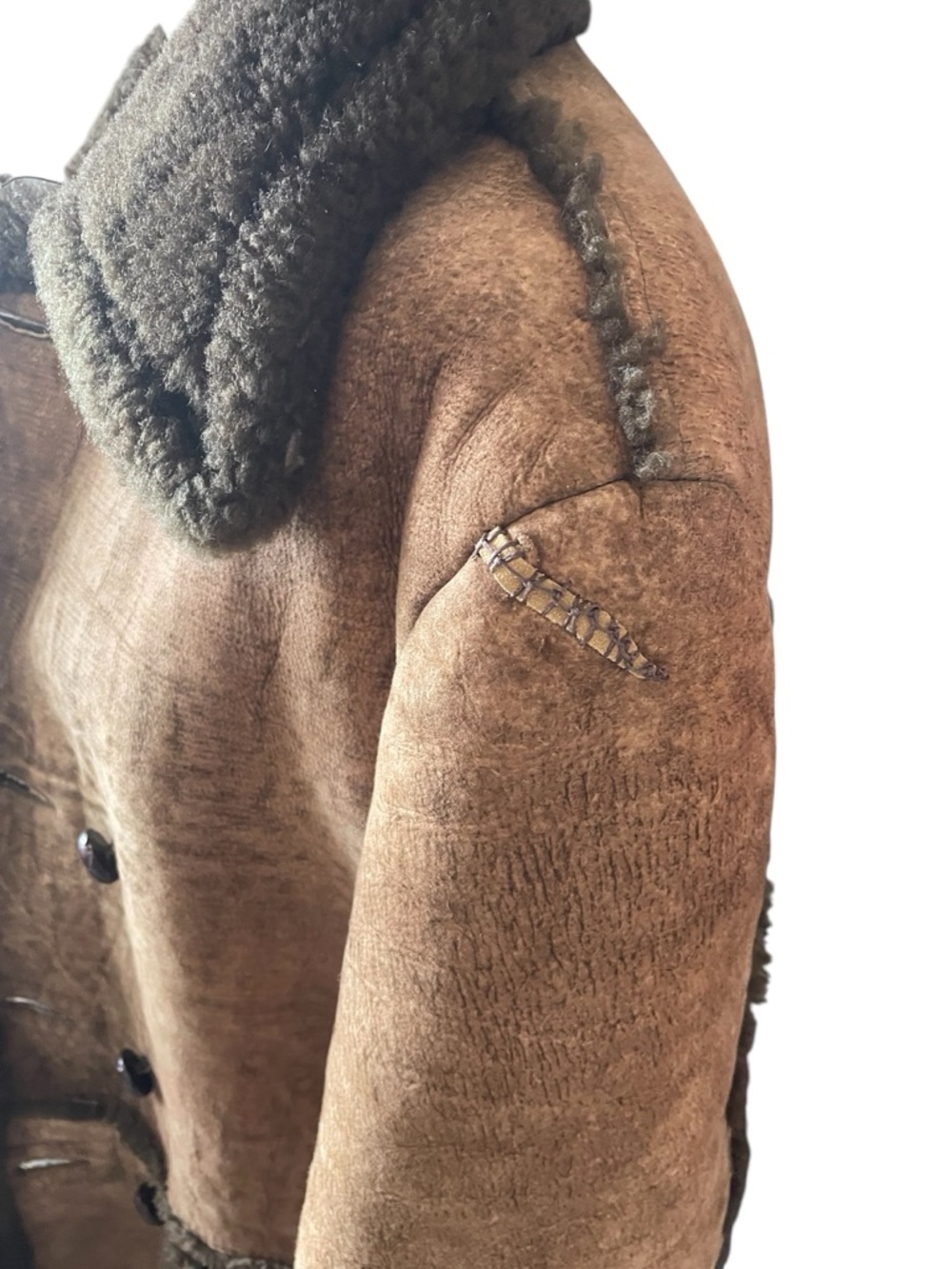 Vintage Leather Shearling Coat with Dark Brown Trim - Picture 12 of 12